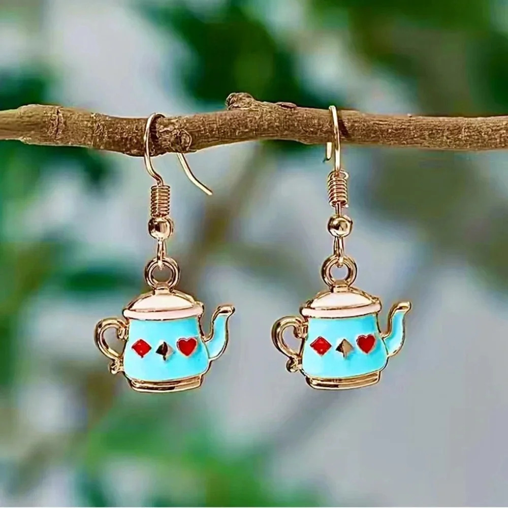 Blue Teapot Tea Cup Pendant Dangle Earrings NEW